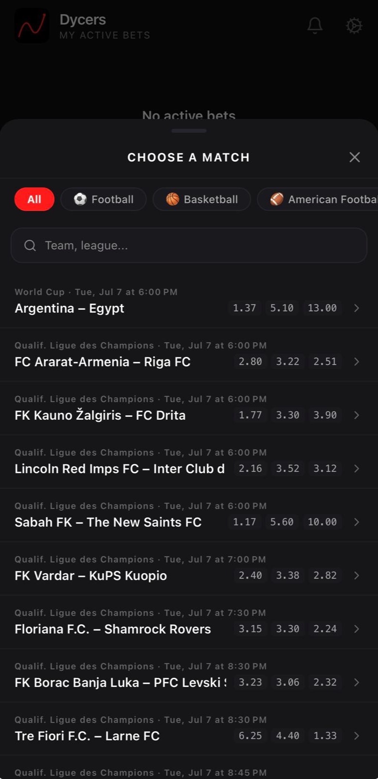Choose a match: search teams and leagues with live odds