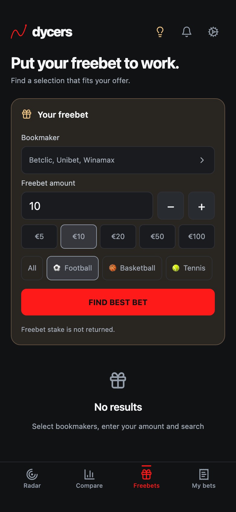 The redesigned Freebets page with bookmaker selection and offer amount