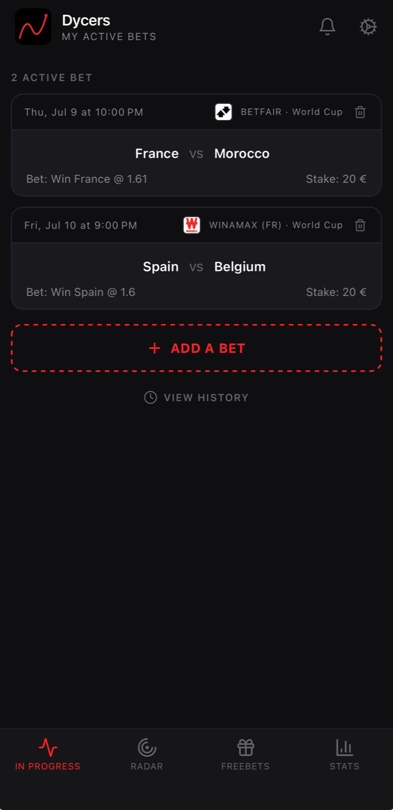 My active bets: live tracking of open bets with stake, odds and bookmaker