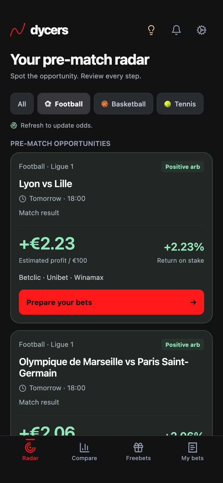 Dycers Radar showing existing arbitrage opportunities on upcoming matches
